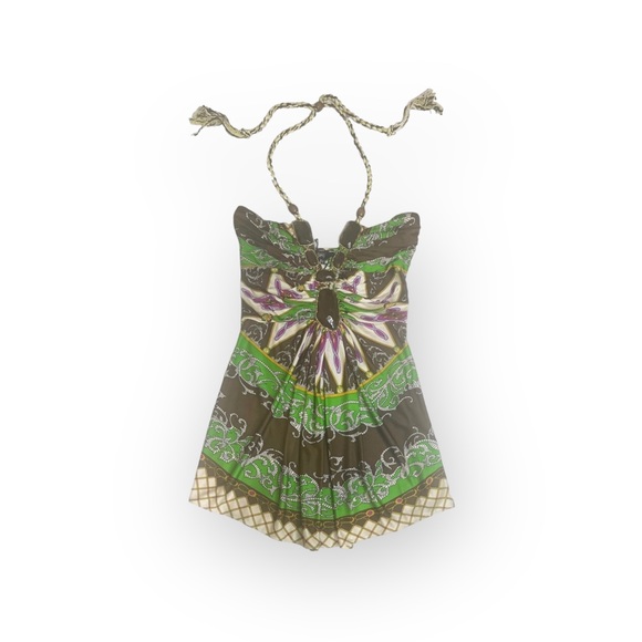 aso TV’s 90210 ✦ Sky ✦ Jeweled Neck Bold Print Silk Halter Top ✦ Braided Straps - Picture 2 of 16